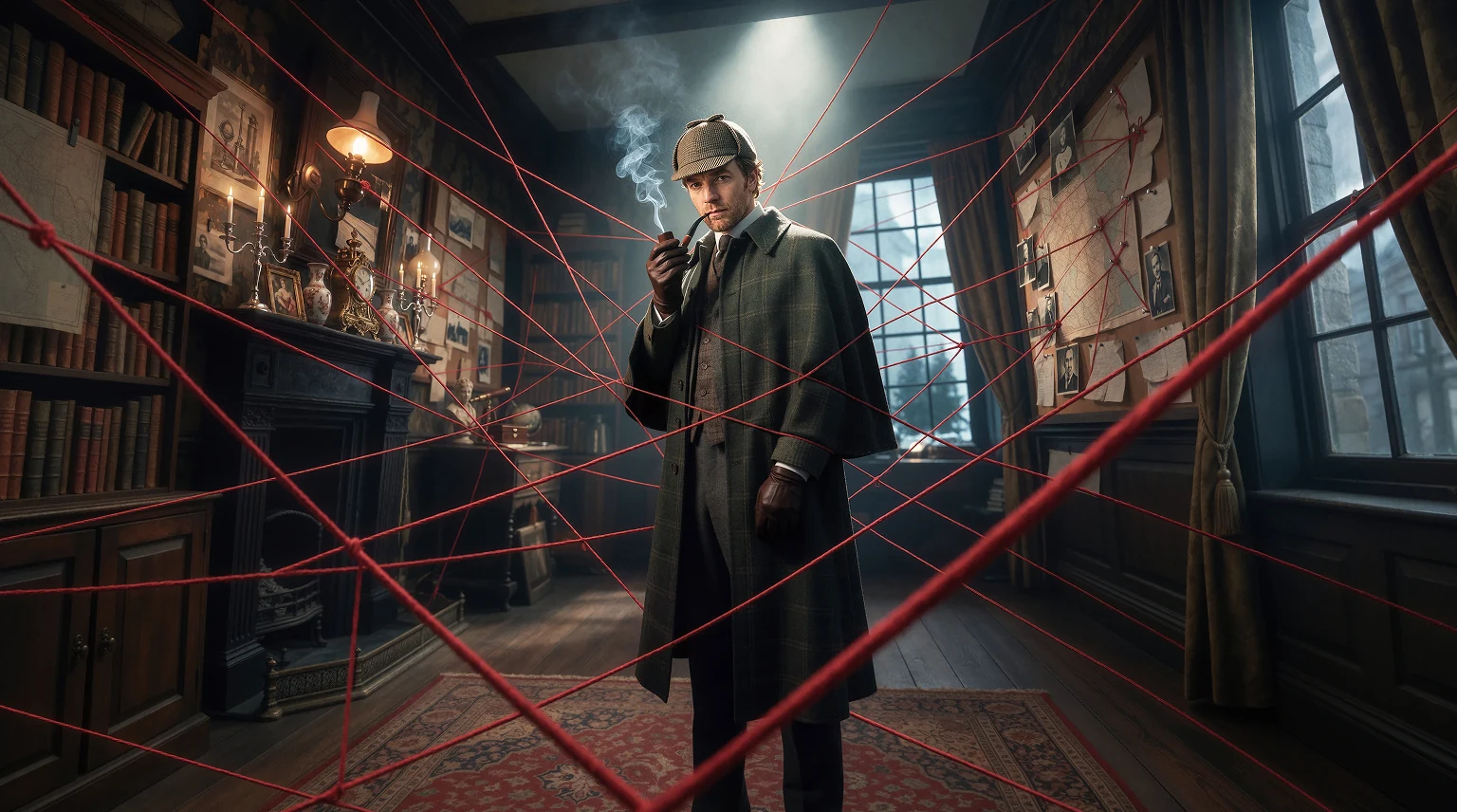 A detective in a deerstalker stands in a study criss-crossed with red investigation threads